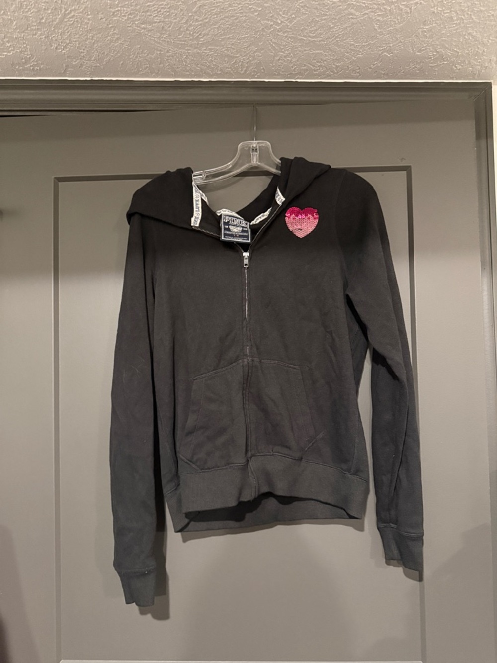 PINK Victoria's Secret Black Zip-Up Hoodie with Pink Heart Patch